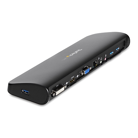 Station d'accueil noire avec divers ports, dont HDMI, VGA et USB. Le logo Startech.com est visible.