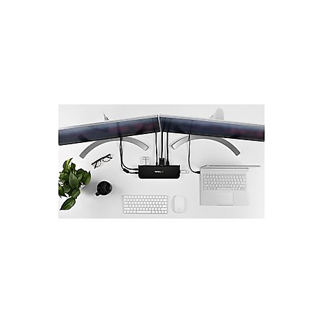 Vue aérienne d'un espace de travail avec deux moniteurs, un ordinateur portable, un clavier, une souris et une station d'accueil.