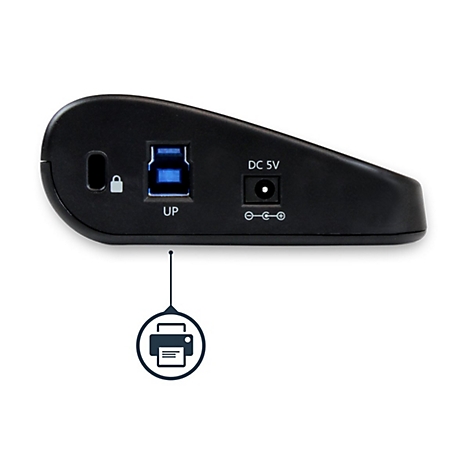 Appareil électronique noir avec port USB, DC 5V et symboles. Une icône d'imprimante y est attachée.