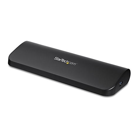 Station d'accueil StarTech.com rectangulaire noire avec logo jaune, en biais sur fond blanc.