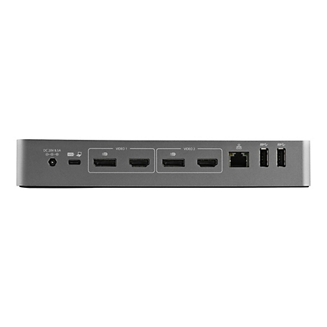BoÃ®tier de station d'accueil gris avec diffÃ©rents ports. HDMI, USB, LAN et port d'alimentation.