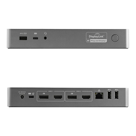 Station d'accueil grise vue de dessus et de dessous. Dessus : USB, mini-USB, prise casque, bouton d'alimentation, logo DisplayLink. Dessous : ports vidÃ©o, Ethernet, USB.