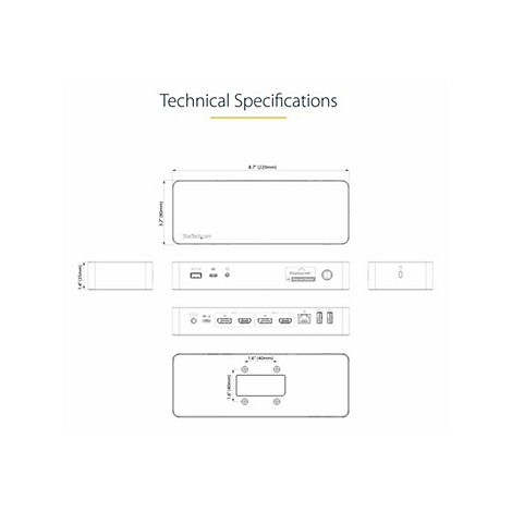 SpÃ©cifications techniques d'un appareil. DiffÃ©rentes vues montrent les dimensions et les connecteurs.