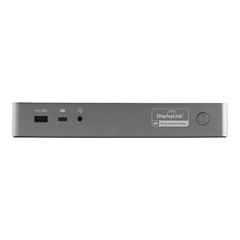 Station d'accueil grise avec ports : USB, USB-C, prise casque. Logo : DisplayLink, 4K Plug and Display. Bouton marche/arrÃªt.