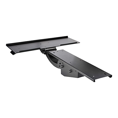 Plateau de clavier pivotant noir, conçu pour montage mural. Composé de deux étagères rectangulaires reliées par une articulation.