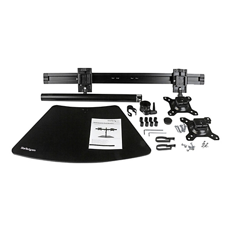 Kit de montage pour deux moniteurs, composÃ© de piÃ¨ces mÃ©talliques noires sur fond blanc.