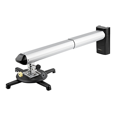 Support de plafond pour projecteur. Bras argenté, tête de montage et base noirs avec molettes de réglage.