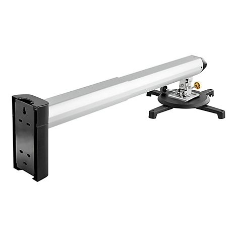 Support de plafond argenté pour un projecteur avec un support noir. Sur fond blanc.