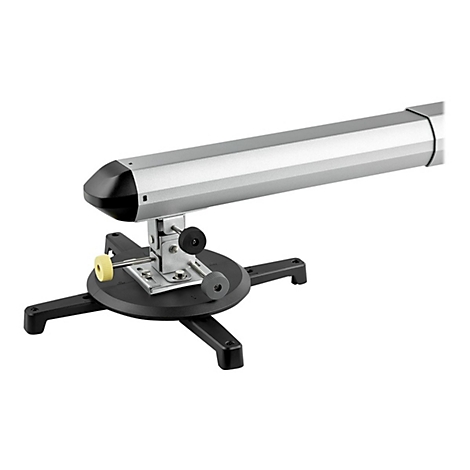 Un support de projecteur argenté, monté sur une base noire. Il comporte trois boutons réglables et un bras allongé.