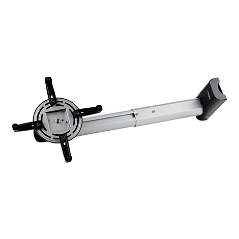 Support de projecteur, métal argenté, avec bras noirs et un boîtier noir.