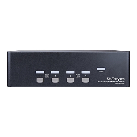 Commutateur KVM DisplayPort Ã  4 ports noir avec boutons gris. Ã‰tiquettes: 1, Scan Time, 2, 3, Auto Scan, 4, Power. Logo StarTech.com.