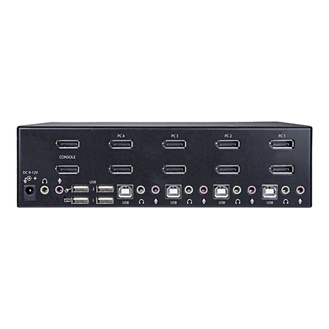Commutateur KVM noir avec de nombreux ports, dont USB, audio, HDMI et alimentation.