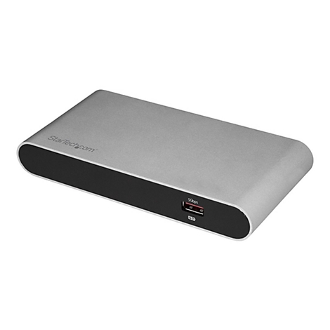 Grauer, rechteckiger Festplattenadapter mit USB-Anschluss. Schwarze Vorderseite, abgerundete Kanten. StarTech.com-Logo.