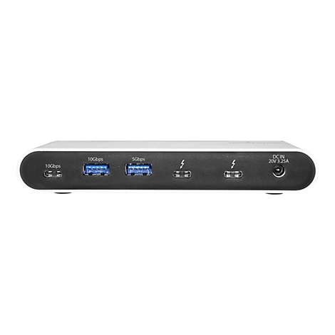 Graues Dock mit verschiedenen AnschlÃ¼ssen: USB, Thunderbolt und Stromanschluss. Aufschrift: 20V 3.25A.