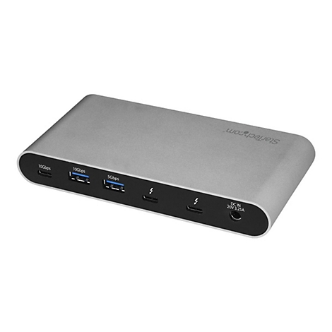 Silberfarbene Dockingstation mit AnschlÃ¼ssen. Oben links: USB-C, USB 3.0- und Thunderbolt-AnschlÃ¼sse. Aufschrift StarTech.com.