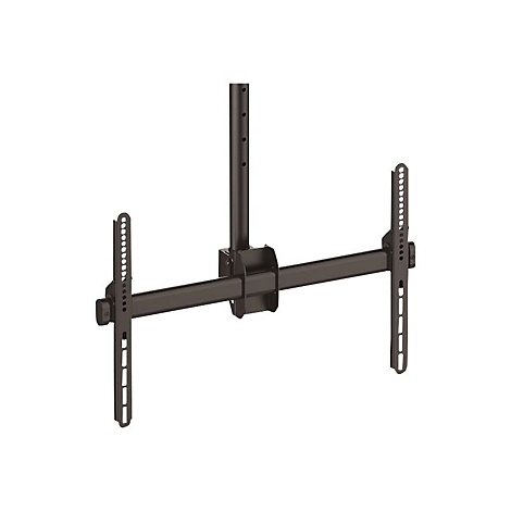 Schwarze Deckenhalterung für einen Fernseher, bestehend aus mehreren Metallstangen.