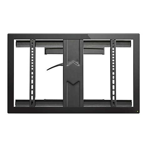Schwarze TV-Halterung vor weiÃŸem Hintergrund. Sie ist rechteckig mit verschiedenen Halterungen und einer Hebelvorrichtung.
