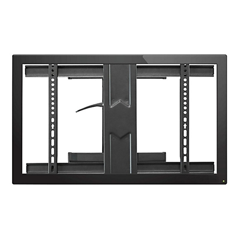 Schwarze TV-Wandhalterung mit mehreren Halterungen und verstellbaren Armen. Das Design ist rechteckig, mit Ã–ffnungen fÃ¼r Kabel.