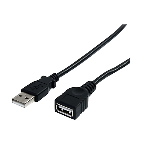 Schwarzes USB-Kabel mit Stecker und Buchse auf weißem Hintergrund.