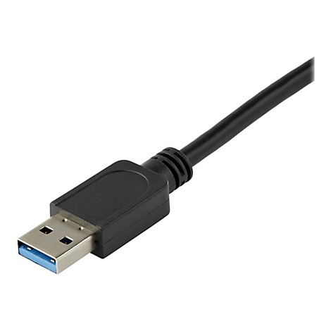 Nahaufnahme eines schwarzen USB-3.0-Kabels mit blauem Anschluss auf weißem Hintergrund.