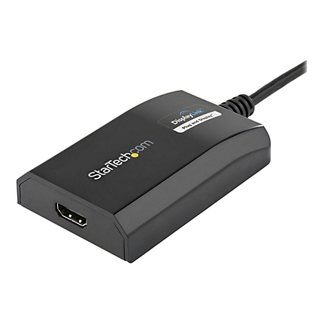 Schwarzer HDMI-Adapter mit Kabel. Aufschrift DisplayLink und StarTech.com.