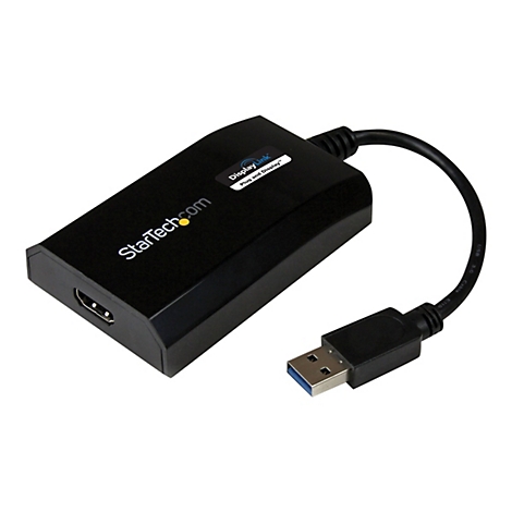 Schwarzer DisplayLink-Adapter mit HDMI- und USB-Anschlüssen. Der Adapter hat das DisplayLink-Logo und den Schriftzug StarTech.com.