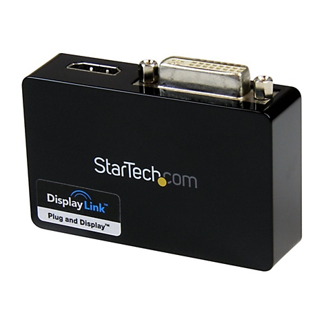 Ein schwarzer Konverter mit HDMI und DVI Anschlüssen, StarTech.com Logo und DisplayLink Aufkleber.