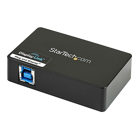 Schwarzer USB-Adapter mit StarTech.com Logo und Display Link Aufkleber.