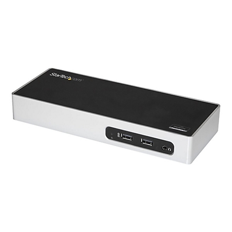 Grau-schwarze Dockingstation, Marke StarTech.com, USB-AnschlÃ¼sse, KopfhÃ¶reranschluss.