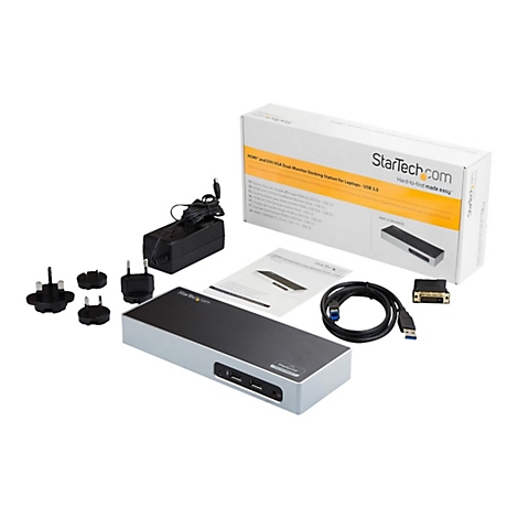 Ein silbernes GerÃ¤t mit schwarzer Oberseite und ZubehÃ¶r, einschlieÃŸlich Kabel, Adapter, Netzteil und Verpackung mit Aufschrift 'StarTech.com'.