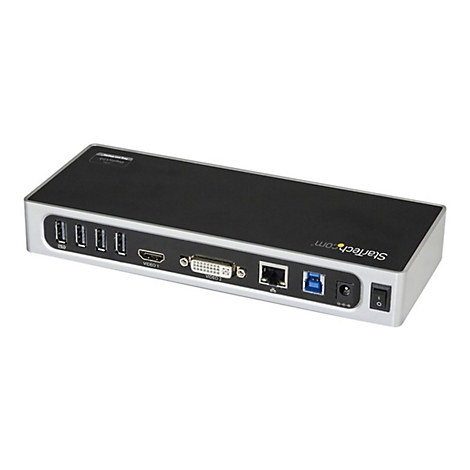 Schwarzer und silberner Docking-Hub mit verschiedenen AnschlÃ¼ssen wie HDMI, USB und Stromanschluss. StarTech.com Logo ist zu sehen.