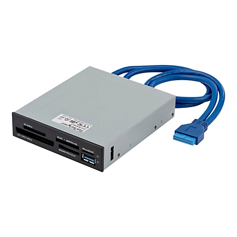 Grauer Kartenleser mit blauem Kabel und Stecker. Verschiedene AnschlÃ¼sse, USB und SD-Karten.