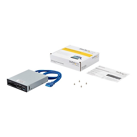 Ein graues KartenlesegerÃ¤t mit blauem Kabel, ZubehÃ¶r und Verpackung. Das StarTech-Logo ist zu sehen.