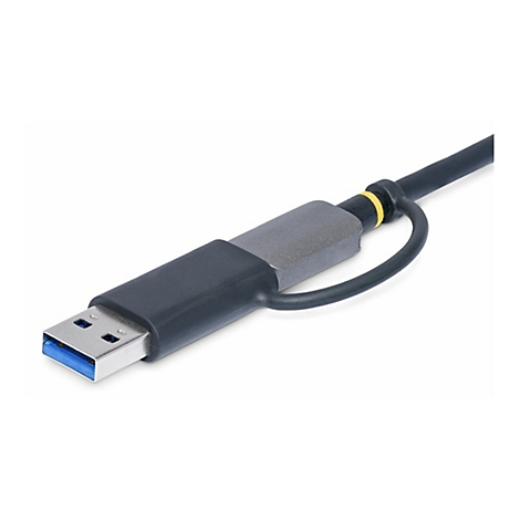 Gros plan d'un câble USB avec une prise bleue et un boîtier gris-noir. Anneau jaune.