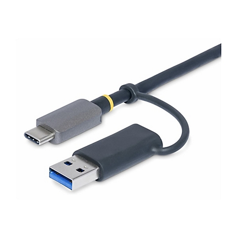 Ein graues USB-C-Kabel und ein USB-A-Kabel mit blauer Innenseite, verbunden durch ein dunkles Kabel.