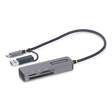 Grauer Kartenleser mit USB-A und USB-C Anschluss, Kabel und Aufdruck StarTech.com vor weißem Hintergrund.