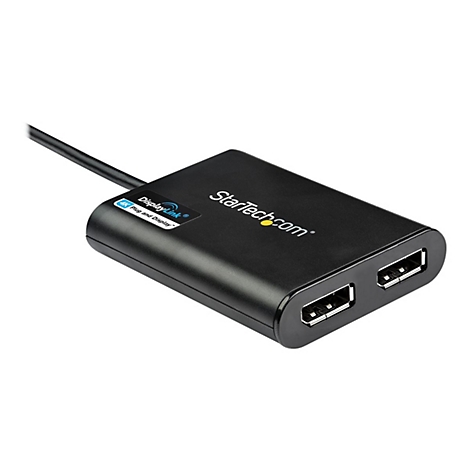 Schwarzer DisplayLink-Adapter mit Logos von StarTech.com und DisplayLink. Zwei USB-Anschlüsse und ein Anschlusskabel.