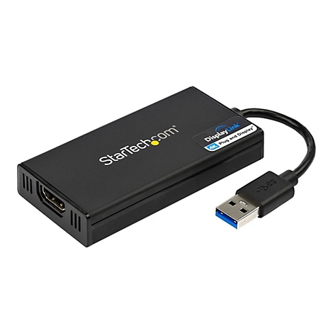 Schwarzer StarTech.com USB-auf-HDMI-Adapter mit USB- und HDMI-Anschlüssen. Aufschrift DisplayLink, 4K Plug and Display.