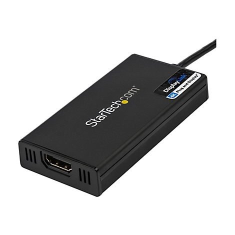 Schwarzer DisplayLink-Adapter mit HDMI-Anschluss und StarTech.com Logo. Aufschrift: 4K Plug and Display.