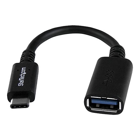 Schwarzer USB-C-auf-USB-A-Adapter von StarTech.com. Beide Enden sind sichtbar.