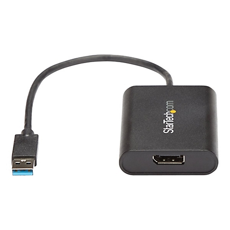 Schwarzer USB-HDMI-Adapter mit StarTech.com Logo. USB-Stecker mit blauem Kern, verbunden mit einem HDMI-Anschluss.