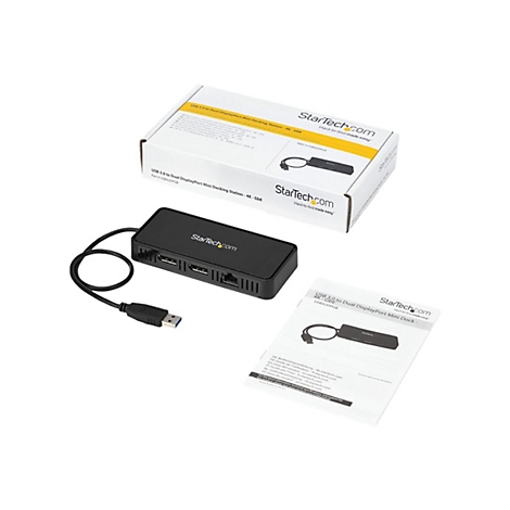Schwarze USB-Dockingstation mit Kabel, Box und Anleitung auf weiÃŸem Hintergrund. Text: StarTech.com.