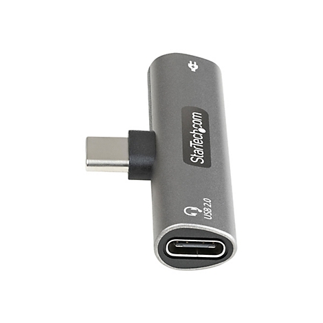 Grauer USB-C-Adapter mit Logo. Am oberen Ende ein Blitzsymbol, am unteren Ende ein Kopfhörersymbol und die Aufschrift USB 2.0.