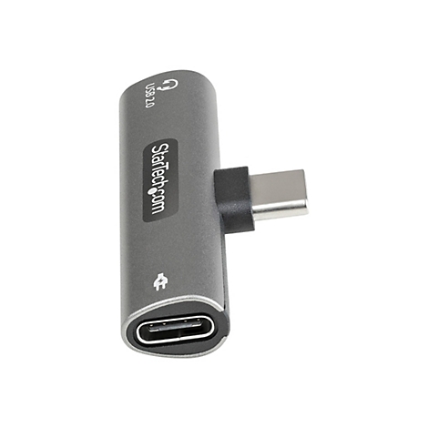Grauer USB-C-Adapter mit USB 2.0- und USB-C-Anschlüssen. Aufschrift Startech.com und Symbole.