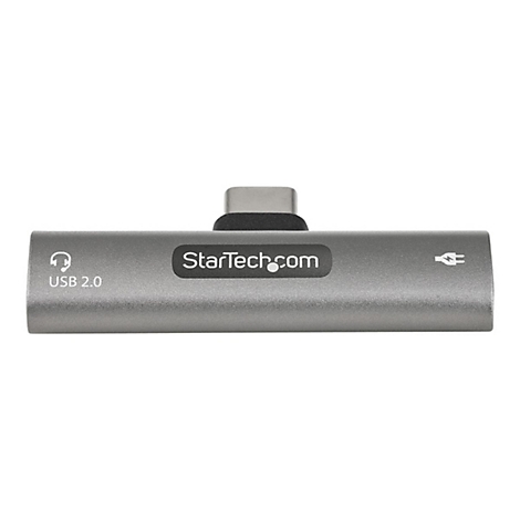 Grauer USB-C-auf-USB-A-Adapter mit StarTech.com-Logo, KopfhÃ¶rer- und Ladeanschluss.