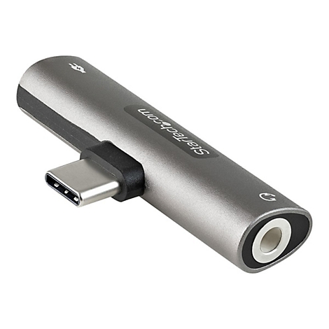 Grauer USB-C-auf-3,5-mm-Audio-Adapter. Logo und Schriftzug Startech.com auf der Oberfläche.