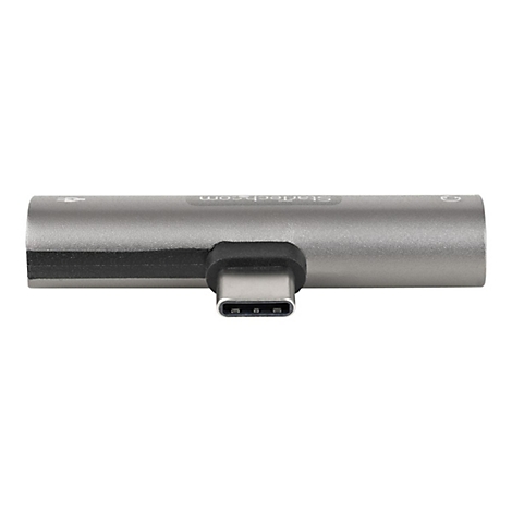 Grauer USB-C-Adapter mit Logo. Auf der einen Seite ein USB-C-Anschluss, auf der anderen zwei Anschlüsse.