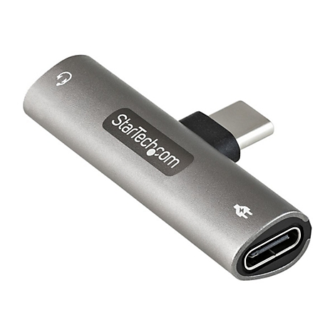 Grauer USB-C-Adapter mit Kopfhörer- und Ladeanschluss, Startech.com-Logo.