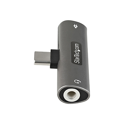 Ein grauer USB-C-auf-3,5-mm-Klinken-Adapter von StarTech.com. An der Seite befinden sich ein Kopfhörersymbol und ein Blitz-Symbol.