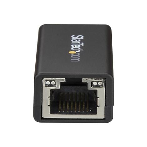 Schwarzer Adapter mit RJ45-Anschluss. Der Schriftzug Startech.com ist aufgedruckt.